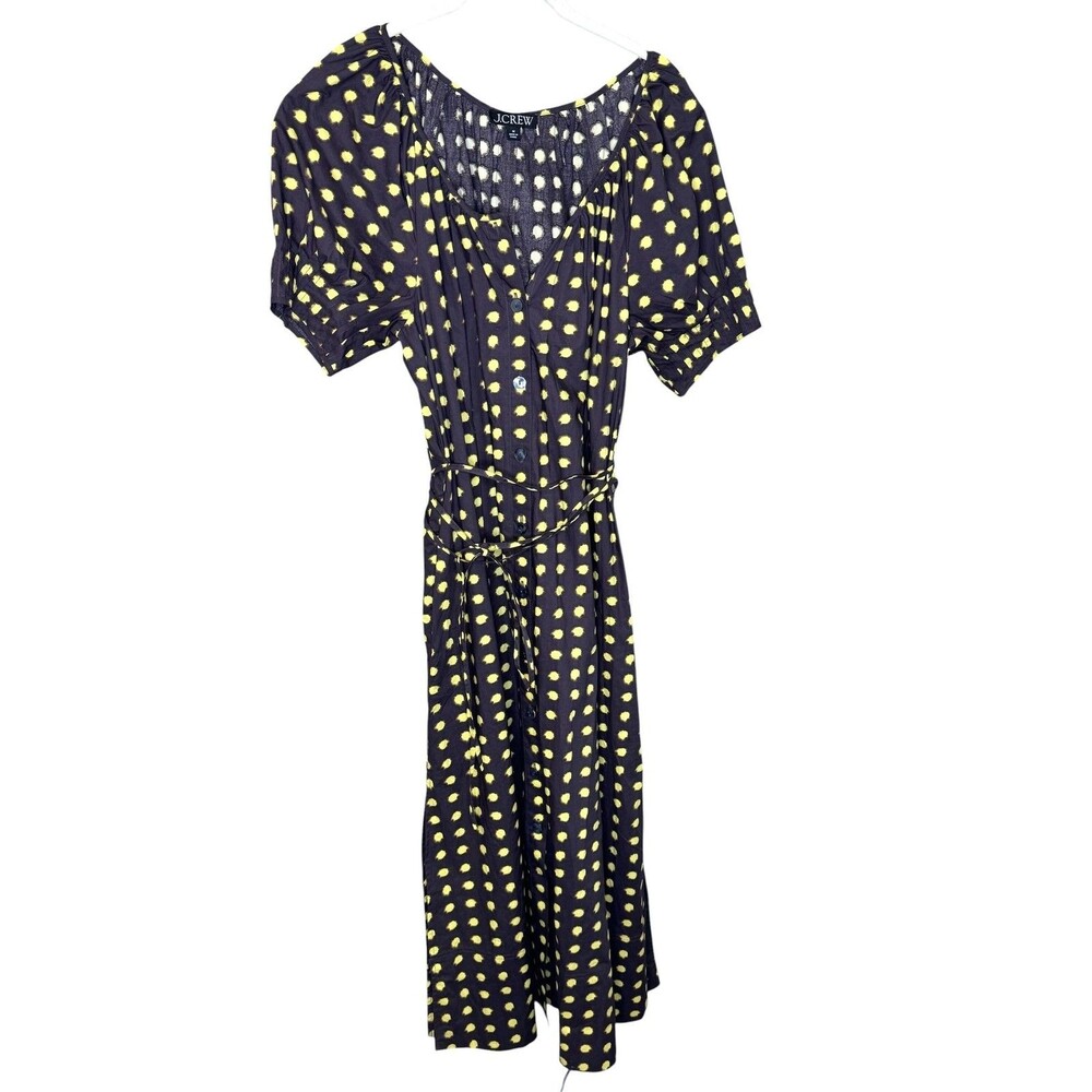 J.Crew Dress Medium Large Yellow Polka Dot Midi Belted Pockets Cotton Poplin